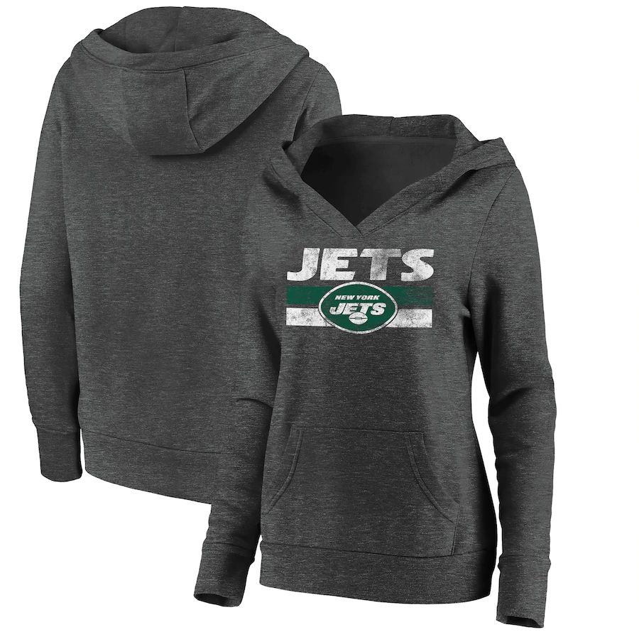 Women New York Jets Fanatics Branded Charcoal First String V-Neck Pullover Hoodie